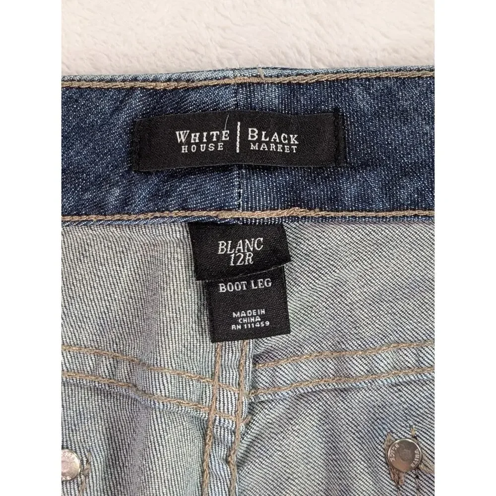 White House Black Market Blanc Bootcut Jeans 12R Blue Embroidered Pockets WHBM